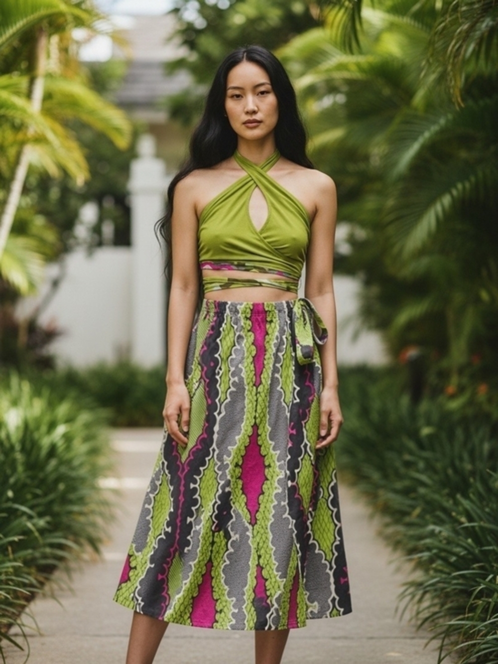 Women's Printed Wrap Midi Skirt - Green Multi